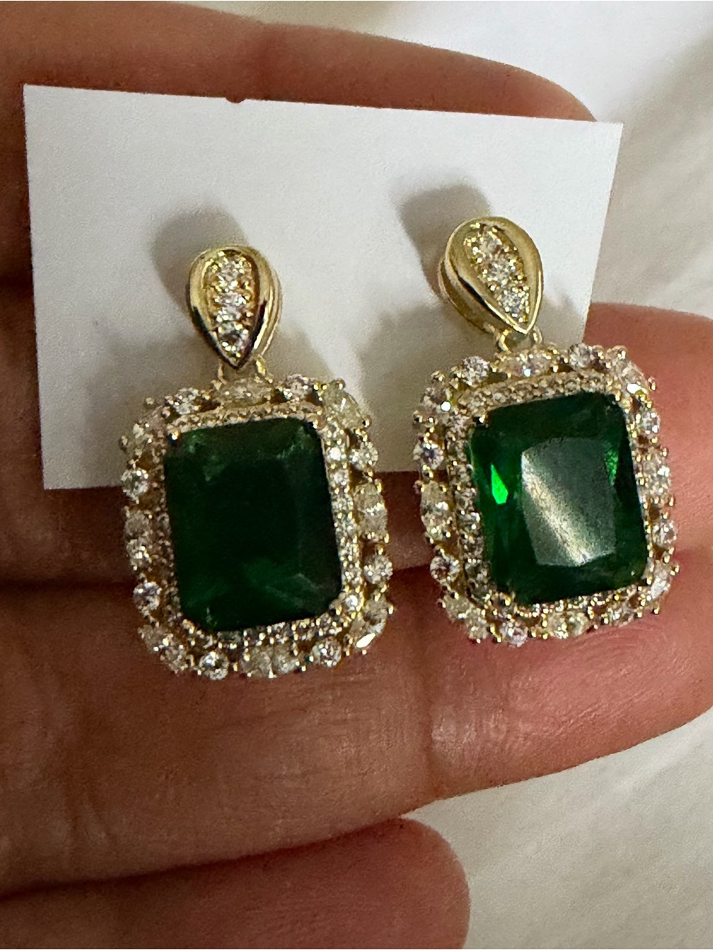 Gold-Tone Emerald Square Halo Drop Earrings